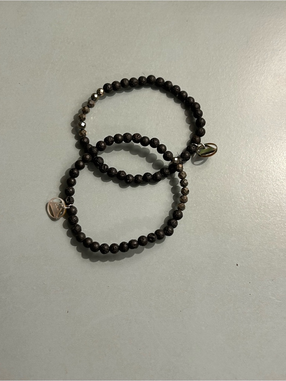 Set of 2 Lava Stone & Pyrite Beaded Stretch Bracelets